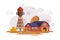 Farm Scene with Red Barn and Wooden Water Tower at Autumn Rural Landscape, Agriculture and Farming Concept Cartoon