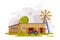 Farm Scene with Wooden Barn, Windmill Water Pump and Tractor at Rural Landscape, Agriculture and Farming Concept Cartoon