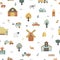 Farm seamless pattern with farm houses, tractors, greenhouses, pets, trees, etc
