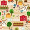 Farm seamless pattern with tractor and beds, apple