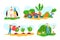 Farm set with animal, cartoon agriculture farming vector illustration. Cartoon farmer man woman people pick plant, make