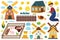 Farm set with cute animals and kids farmers. Countryside life elements collection