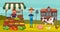 Farm set with farmers, products and animals. Cartoon vector illustration.