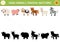 Farm shadow matching activity with animals. Country village puzzle with cute cow, pig, sheep, horse, goat. Find correct silhouette
