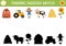 Farm shadow matching activity with traditional country symbols. Rural village puzzle with cute cow, barn, farmer. Find correct