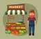 Farm shop. Local stall market. Selling vegetables. Cartoon vector illustration.