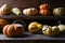 Farm stand with Autumn vegetables including gourds, pumpkins and