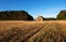 A farm storehouse in the middle of a field of barley stubble