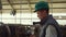 Farm supervisor walking cowshed in farm closeup. Dairy manufacture facility.