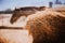 On the farm there is a bale of dry hay for feeding livestock, and in the background there is a paddock with a horse grazing in it