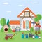 Farm tools, home comfort, gardener working outdoors, agriculture, harvesting and lawn care, cartoon style vector