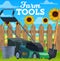 Farm tools vector lawn mower, bucket and shovel