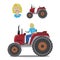 A farm tractor with farmer woman driving isolated on white background in retro style, a vintage vector stock illustration with