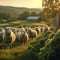 Farm tranquility, sheep grazing in unison, pastoral serenity with nature