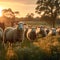 Farm tranquility, sheep grazing in unison, pastoral serenity with nature