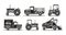 Farm transport, set icons. Agricultural tractor, truck, lorry, harvester, combine, pickup, car symbol. Silhouette vector