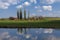 Farm with trees and sheep with reflection