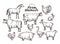 Farm, vector sketch. Collection animals such as horse, cow, bull, sheep, pig, rooster, chicken, hen, goose, rabbit