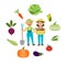 Farm vegetables and farmers family vector illustration. Cartoon man and woman with fresh farm grown vegetables in basket