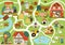 Farm village map. Country life background. Vector rural area scenes infographic elements with animals, children, barn, tractor.
