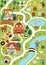 Farm village map. Country life background. Vector rural area scenes infographic elements with animals, children, barn, tractor.