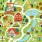 Farm village map seamless pattern. Country life repeat background. Vector digital paper with rural area scenes, animals, children