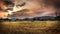 Farm work in the countryside. Agriculture background with cloudy sky sunset. Empty copy space