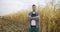 Farm Worker, Portrait Caucasian Farmer Man in Plaid Shirt in the wheat field