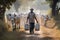 farmer against the background of a herd of cows with cans of milk