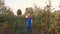 Farmer with apples. Apple harvest. Happy man carries a box of freshly picked apples. backdrop of apple farm orchard