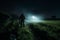 Farmer applying insecticides at moonlight for pest control, Agricultural field with a nocturnal application process