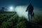 Farmer applying insecticides under moonlight for pest control, nocturnal application process