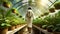 Farmer Astronaut in a Greenhouse Full of Small Green Plants - Generative Ai