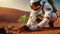 Farmer Astronaut Planting a Small Green Plant on the Planet Mars - Generative Ai
