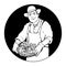 Farmer with basket vegetables, isolated in a round frame, contour drawing, icon, logo, coloring, black and white vector