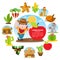 Farmer and a big red apple. Agricultural business. Set of color illustrations on the theme of farming