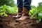 Farmer in boots standing amongst young plants in soil