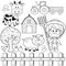 Farmer boy and animals. Vector black and white coloring page.