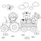 Farmer boy driving a tractor and carrying farm animals. Vector black and white coloring page.