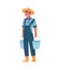 Farmer with buckets. Cartoon agricultural worker carrying gardening instruments. Happy man holding metal baskets. Young