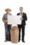 Farmer and a businessman holding a blank cardboard sign