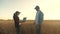 A farmer and a businessman talk in a wheat field, make a deal, use a tablet. Two business farmers, a man and woman