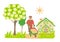 Farmer carries soil on a cart in the garden Apple tree with flowers and Small country house Flat vector illustration