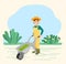 Farmer Carry Wheelbarrow with Grass, Work on Field