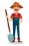 Farmer cartoon character. Cheerful gardener holds a shovel.