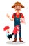 Farmer cartoon character. Cheerful gardener stands near rooster and holds little pig