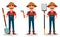 Farmer cartoon character set. Cheerful gardener