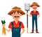 Farmer cartoon character set. Cheerful gardener holds blank fresh carrots and holds pitchfork. Vector illustration isolated on whi