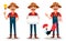 Farmer cartoon character set. Cheerful gardener holds blank placard, has a good idea and stands with rooster and pig