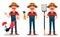 Farmer cartoon character set. Cheerful gardener stands with farm animals, holds carrots and holds pitchfork.